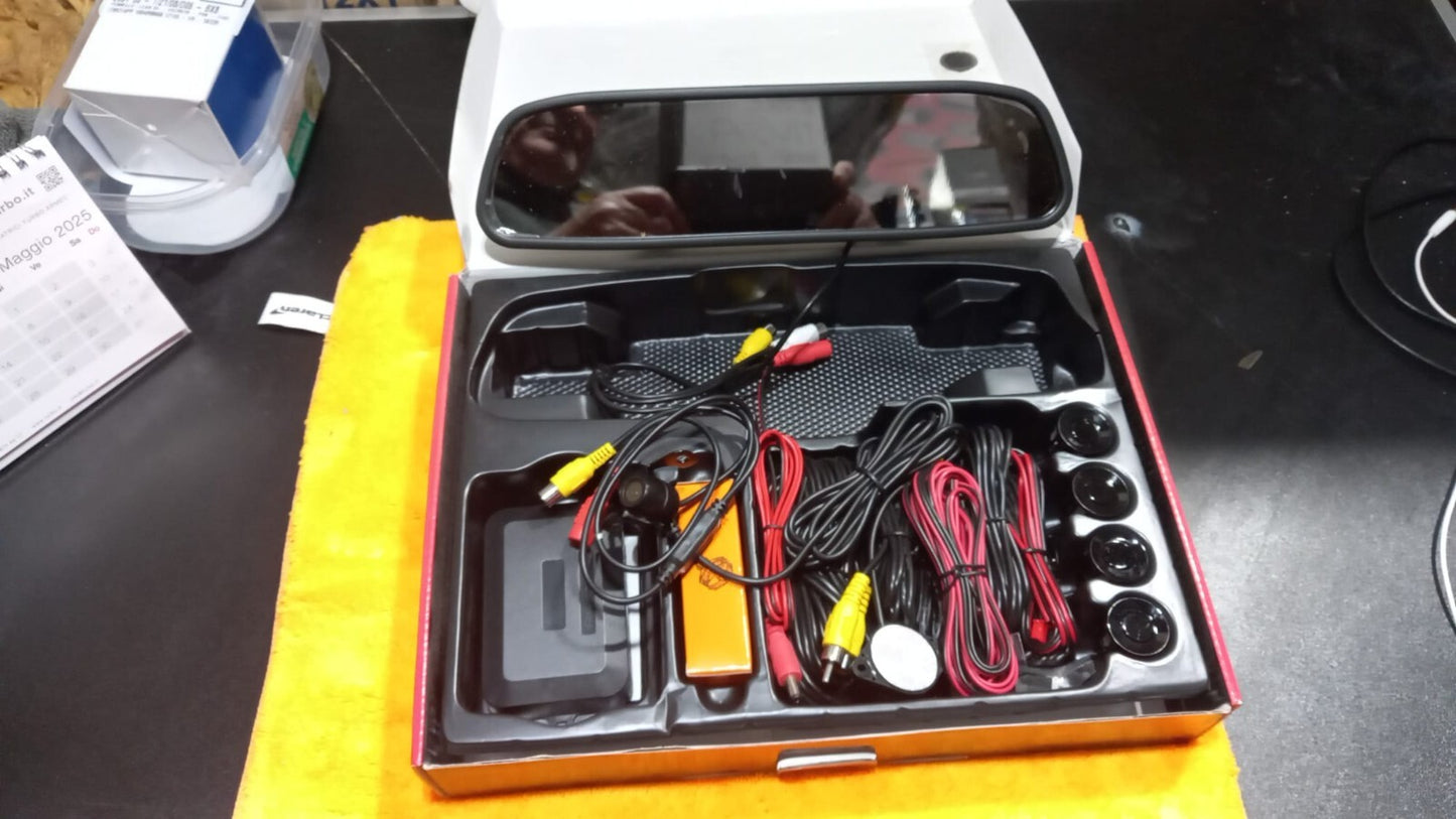 KIT SENSORI DI PARCHEGGIO +TELECAMERA + MONITOR SOPRASPECCHIO 12V